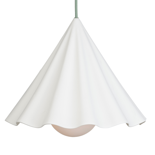 Fleur No. 12 porcelain pendant light, raw porcelain shade with Sage cord and hardware