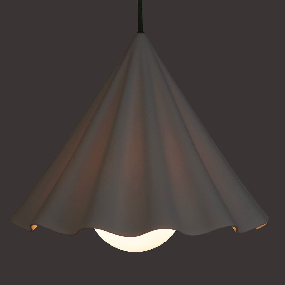 Fleur No. 12 porcelain pendant light with Sage cord and hardware in a home setting