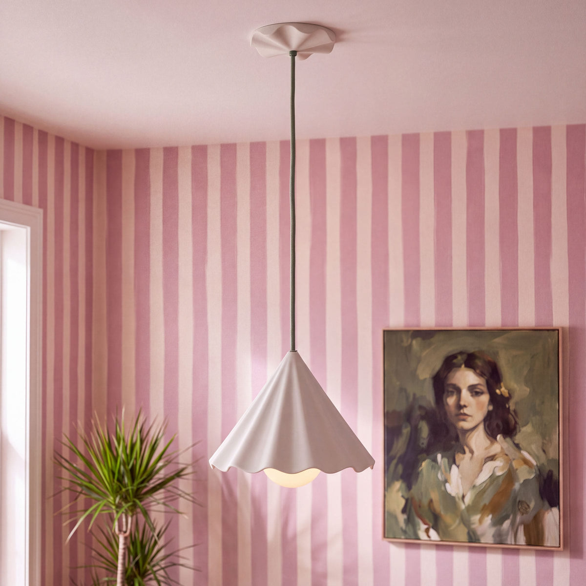 Fleur No. 12 porcelain pendant light with Sage cord and hardware in a home setting