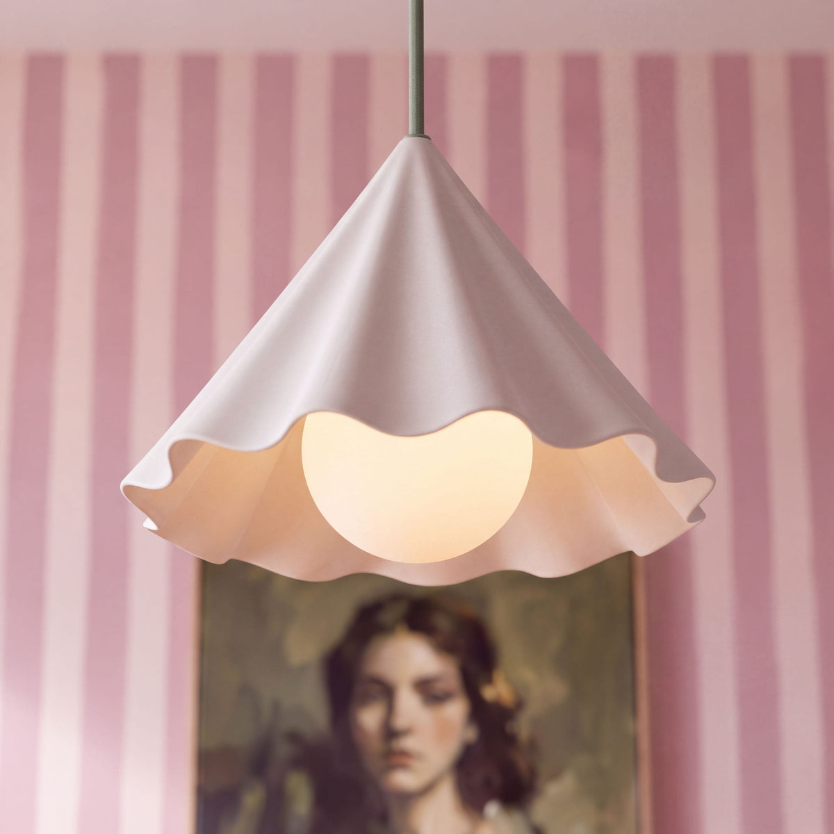 Fleur No. 12 porcelain pendant light with Sage cord and hardware in a home setting