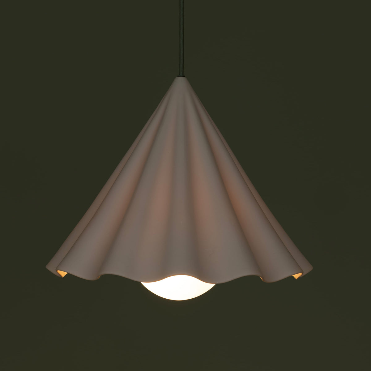 Fleur No. 12 porcelain pendant light with Sage cord and hardware, fluted raw porcelain shade