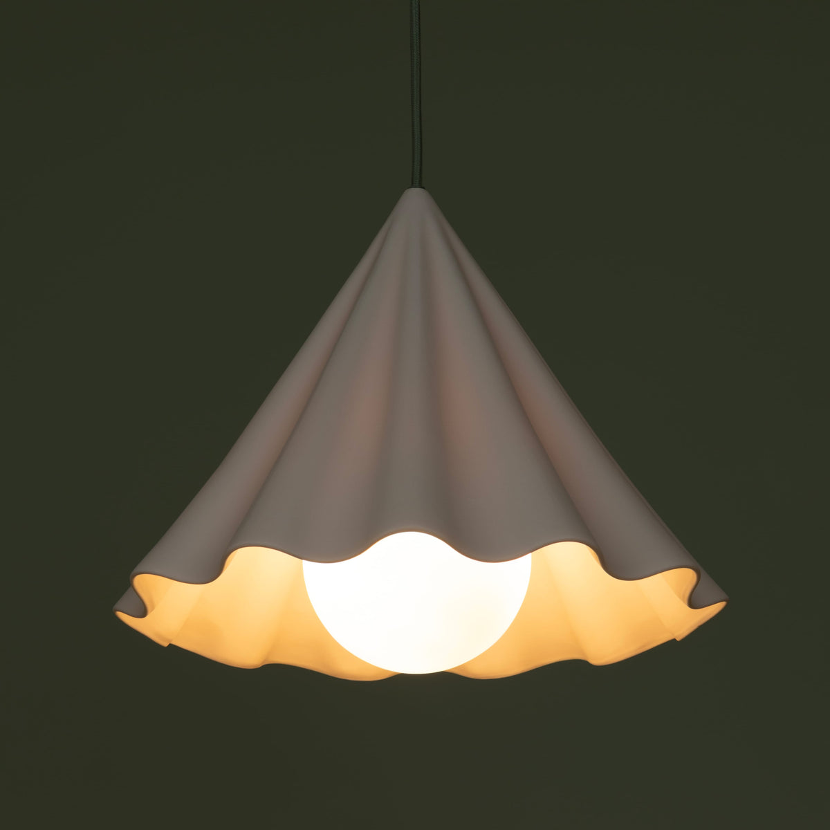 Fleur No. 12 porcelain pendant light with Sage cord and hardware, fluted raw porcelain shade