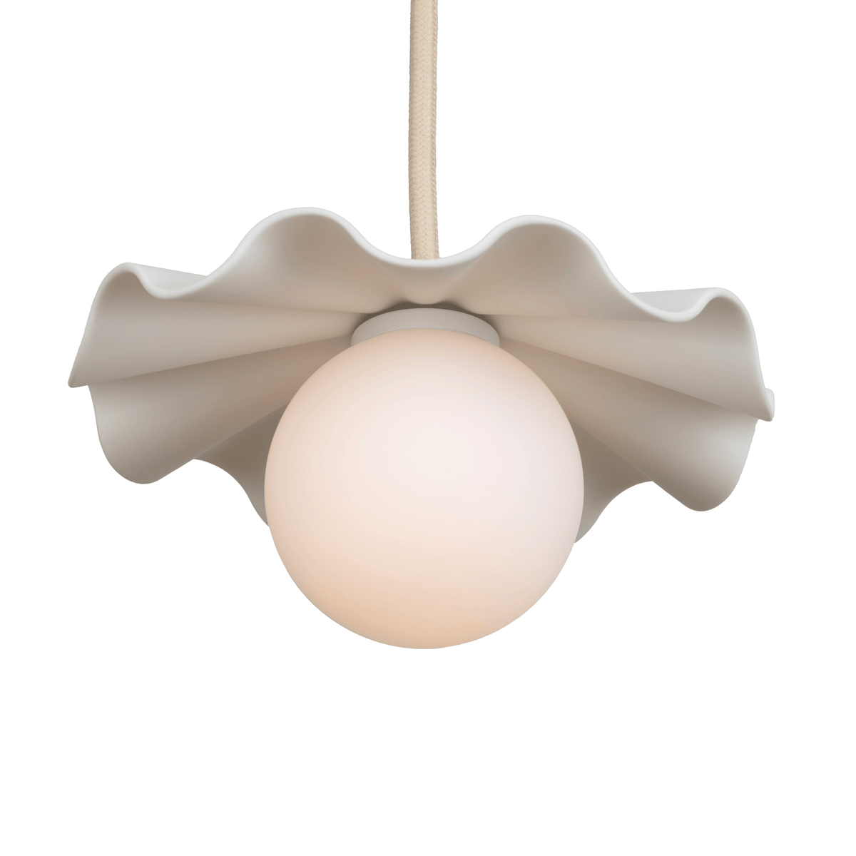 Fleur No. 1 porcelain mini pendant light with Pale Yellow cord and hardware, fluted raw porcelain shade