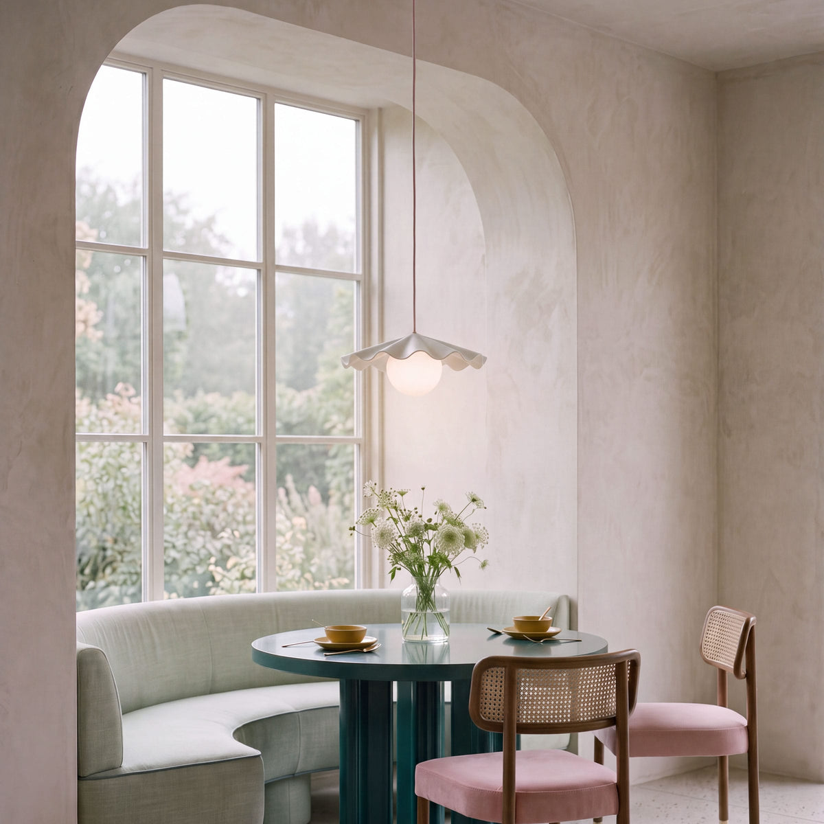 Fleur No. 3 porcelain pendant light with Quartz cord and hardware in a home setting