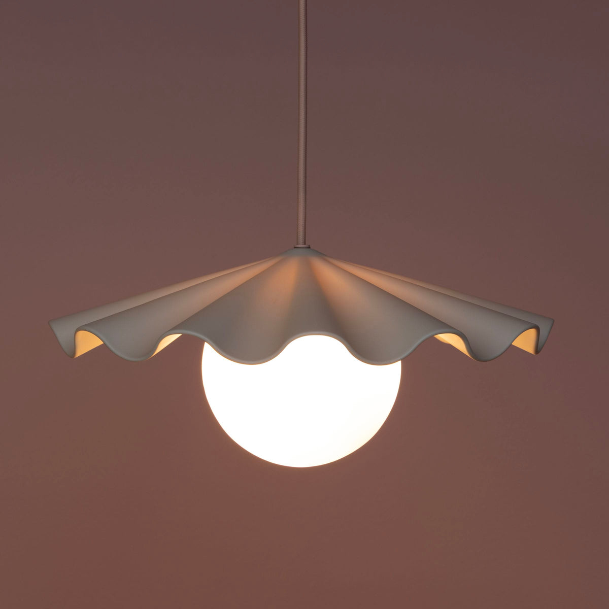 Fleur No. 3 porcelain pendant light with Quartz cord and hardware, fluted raw porcelain shade