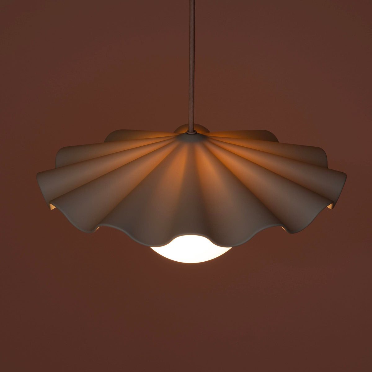 Fleur No. 3 porcelain pendant light with Quartz cord and hardware, fluted raw porcelain shade