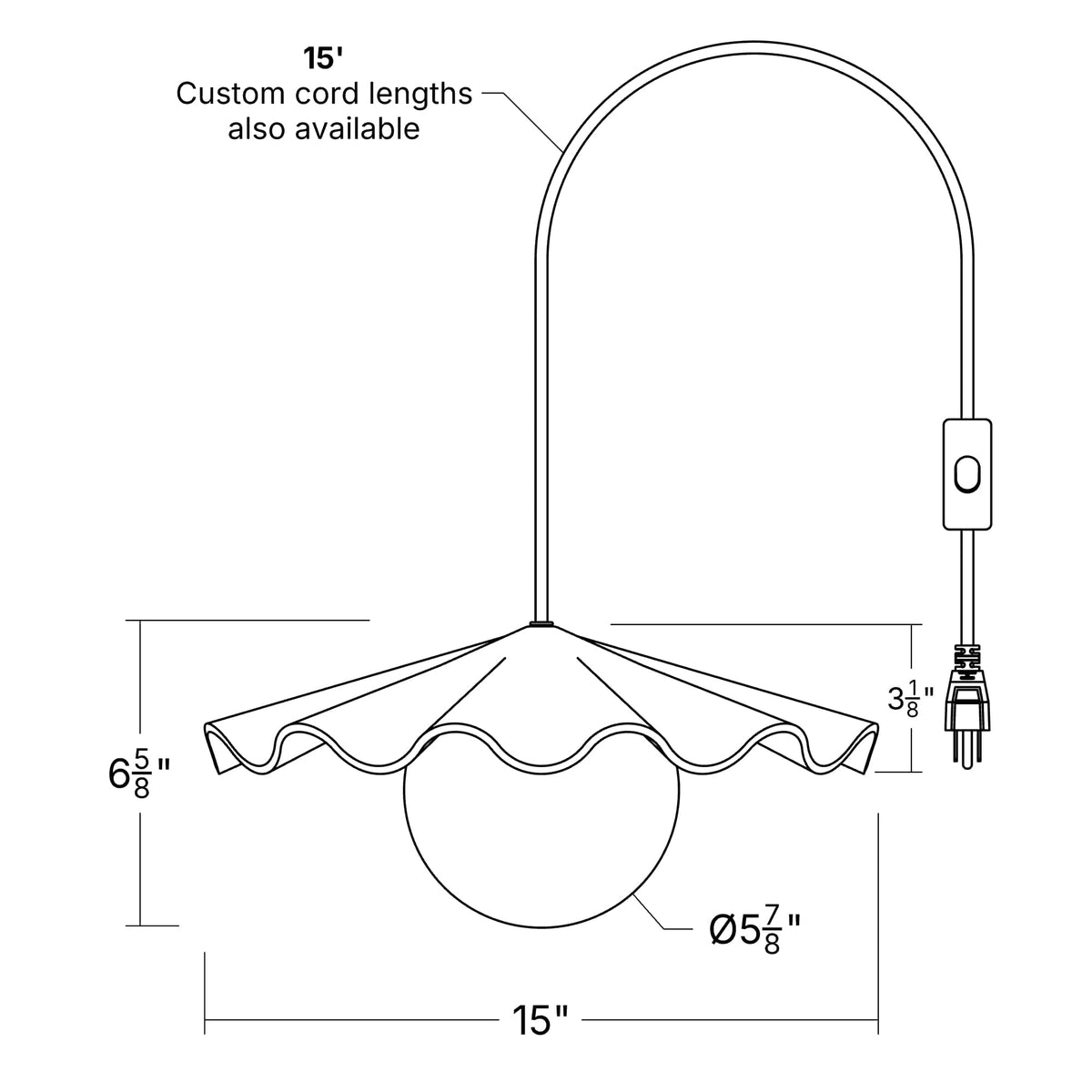 Fleur No. 3 plug-in porcelain pendant light dimensions drawing
