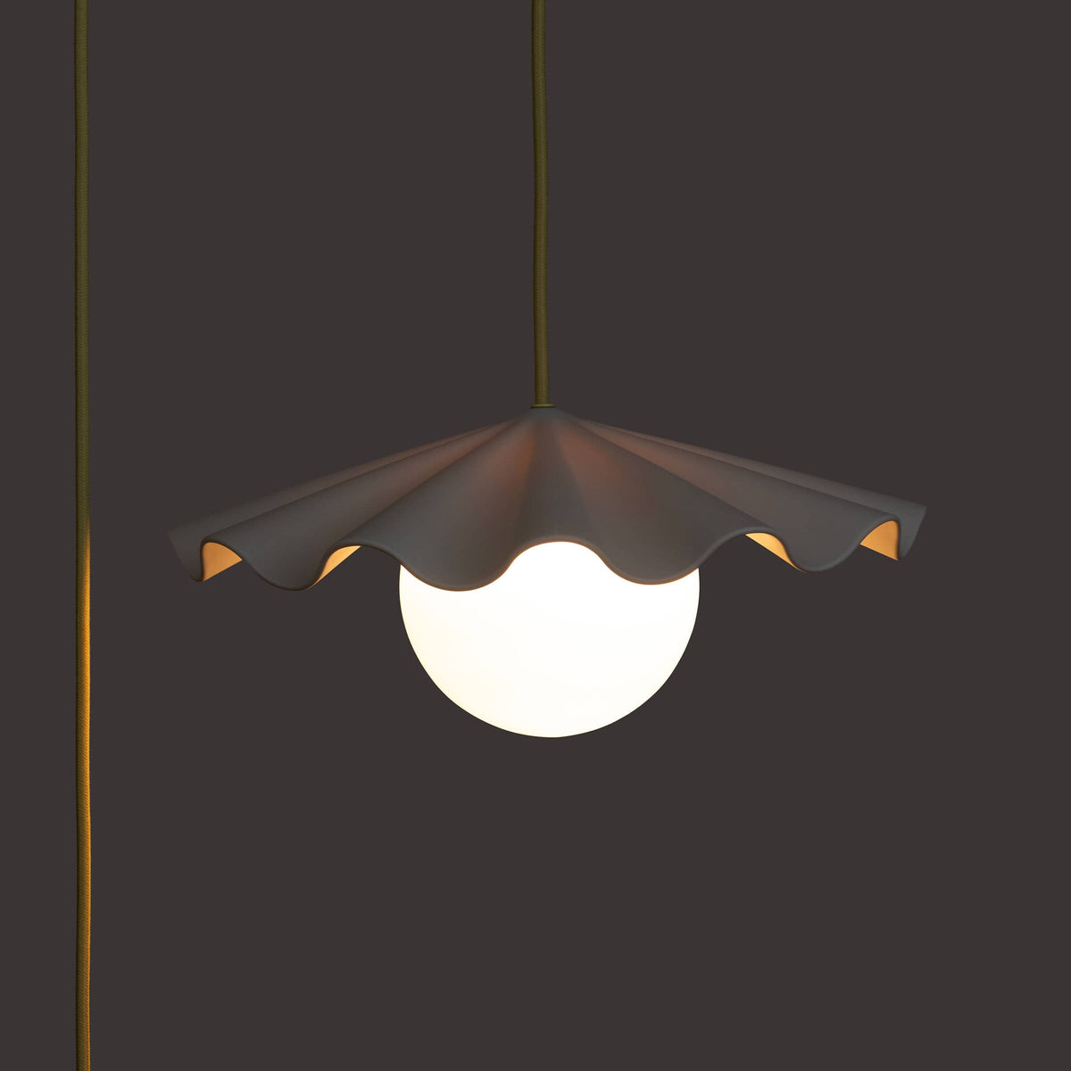 Fleur No. 3 plug-in porcelain pendant light, raw porcelain shade with Pale Yellow cord and hardware