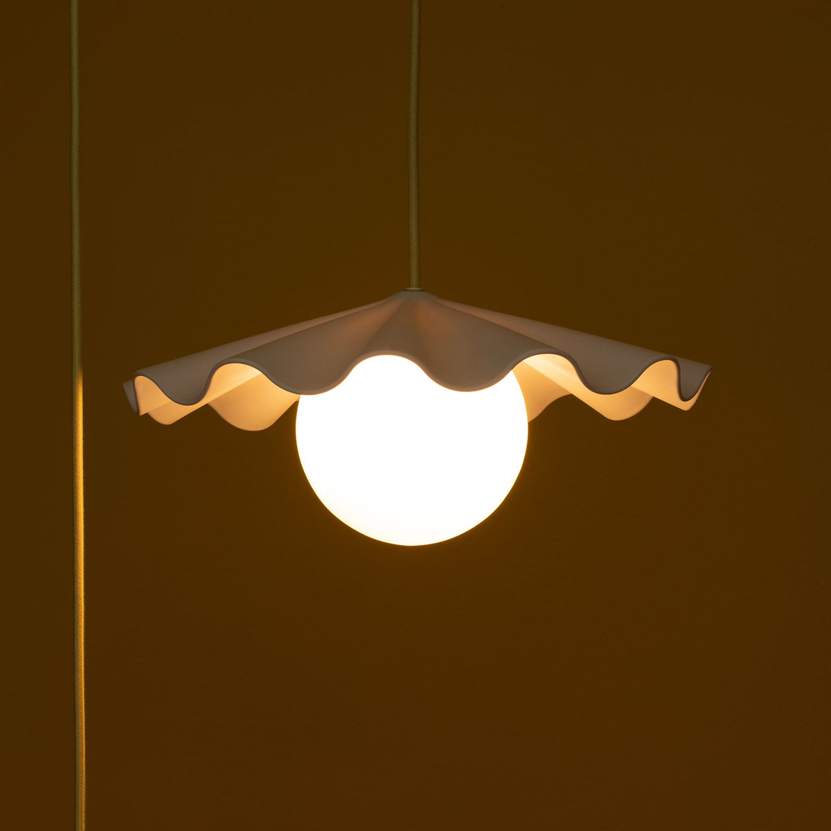 Fleur No. 3 plug-in porcelain pendant light with Pale Yellow cord and hardware, fluted raw porcelain shade