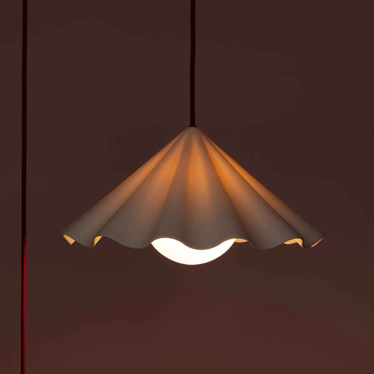 Fleur No. 7 plug-in porcelain pendant light with Cardinal cord and hardware, fluted raw porcelain shade