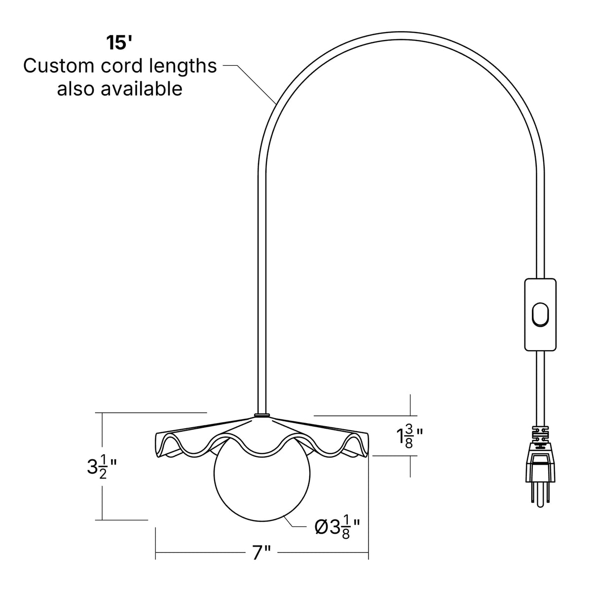 Fleur No. 1 plug-in porcelain mini pendant light dimensions drawing