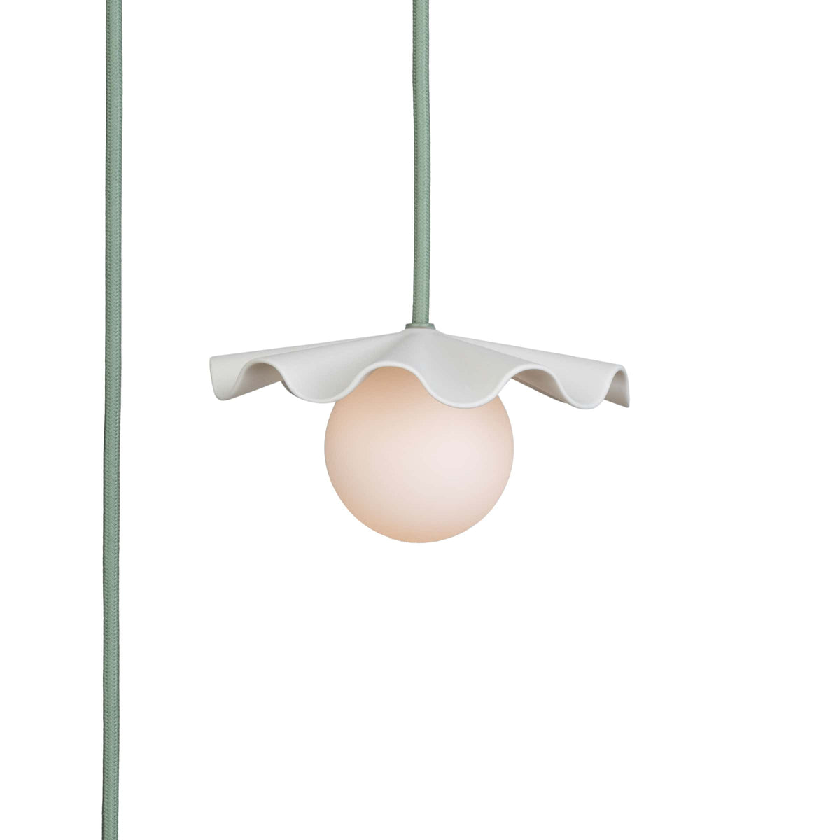 Fleur No. 1 plug-in porcelain mini pendant light, raw porcelain shade with Sage cord and hardware