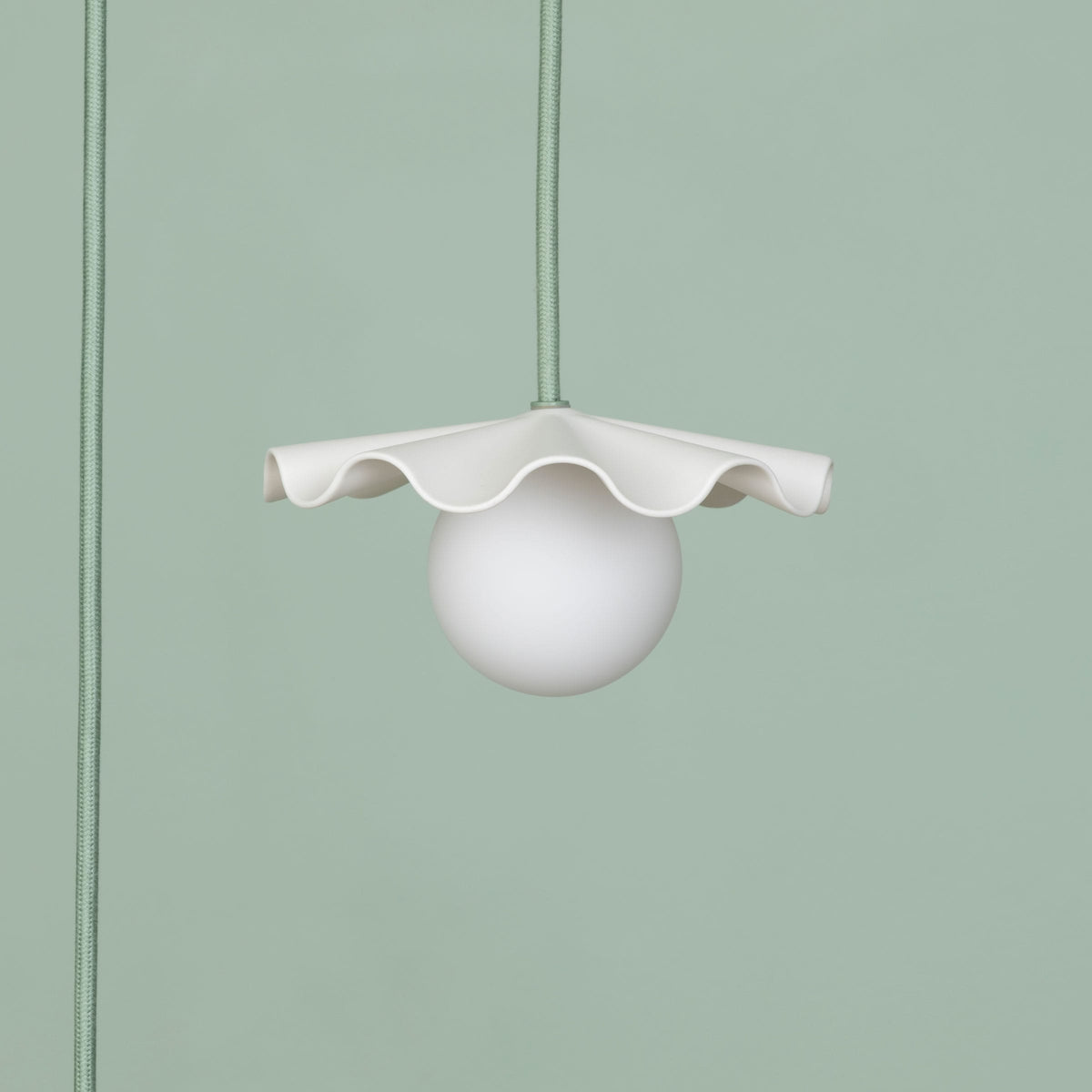 Fleur No. 1 plug-in porcelain mini pendant light with Sage cord and hardware, fluted raw porcelain shade