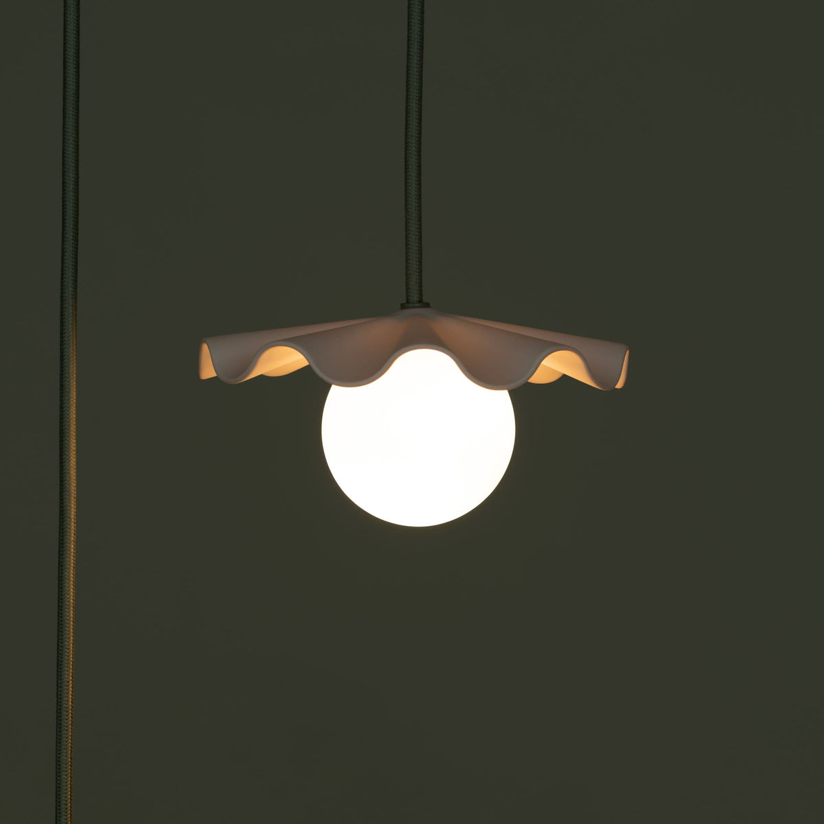 Fleur No. 1 plug-in porcelain mini pendant light with Sage cord and hardware, fluted raw porcelain shade