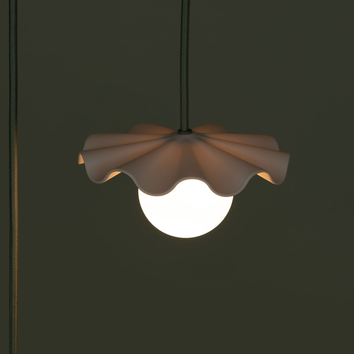 Fleur No. 1 plug-in porcelain mini pendant light with Sage cord and hardware, fluted raw porcelain shade