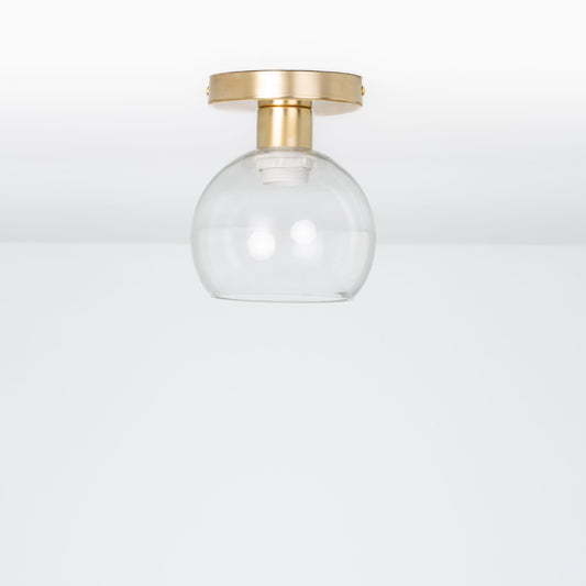 Glass Globe Button Flush Mount - 6inch Solid Raw Brass / Clear