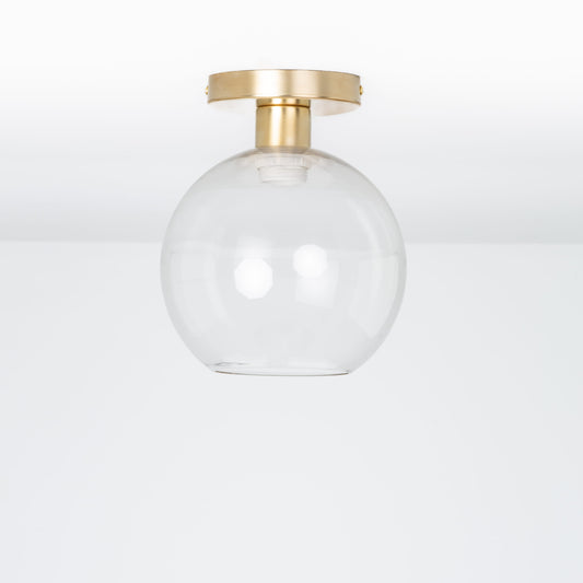 Glass Globe Button Flush Mount - 8inch Solid Raw Brass / Clear
