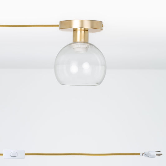 Glass Globe Button Plug-In Flush Mount - 6inch Solid Raw Brass / Clear / Matching