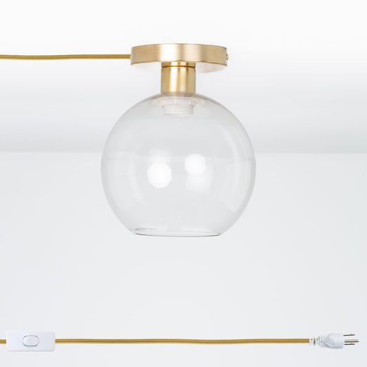 Glass Globe Button Plug-In Flush Mount - 8inch Solid Raw Brass / Clear / Matching