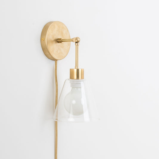 Plug-In Hinge Glass Cone Solo Sconce Solid Raw Brass / Clear