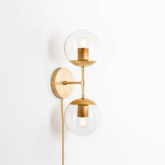 Mod Glass Globe Duo Plug-In Sconce Solid Raw Brass / Clear / Small