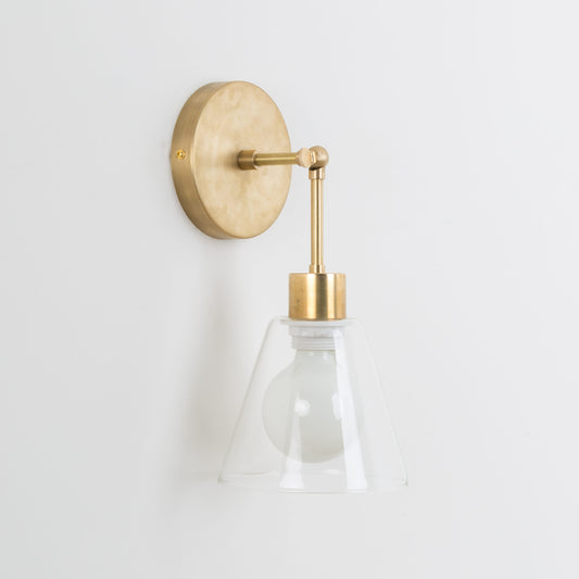 Hinge Glass Cone Solo Sconce Solid Raw Brass / Clear